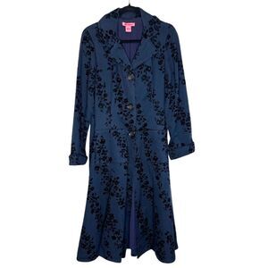 Vintage Y2K Betsey Johnson Navy Velvet Floral Trench Coat 90s Dark Academia M